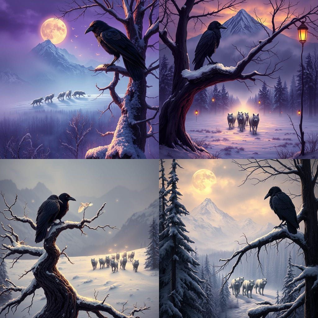 Steampunk Ravens Perch in Mountain Tree on Snowy Day
