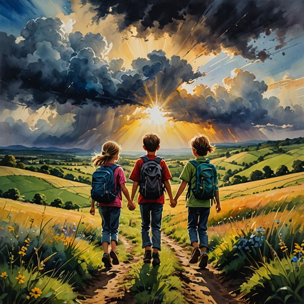 Joyful Siblings Hiking in Watercolour Painting