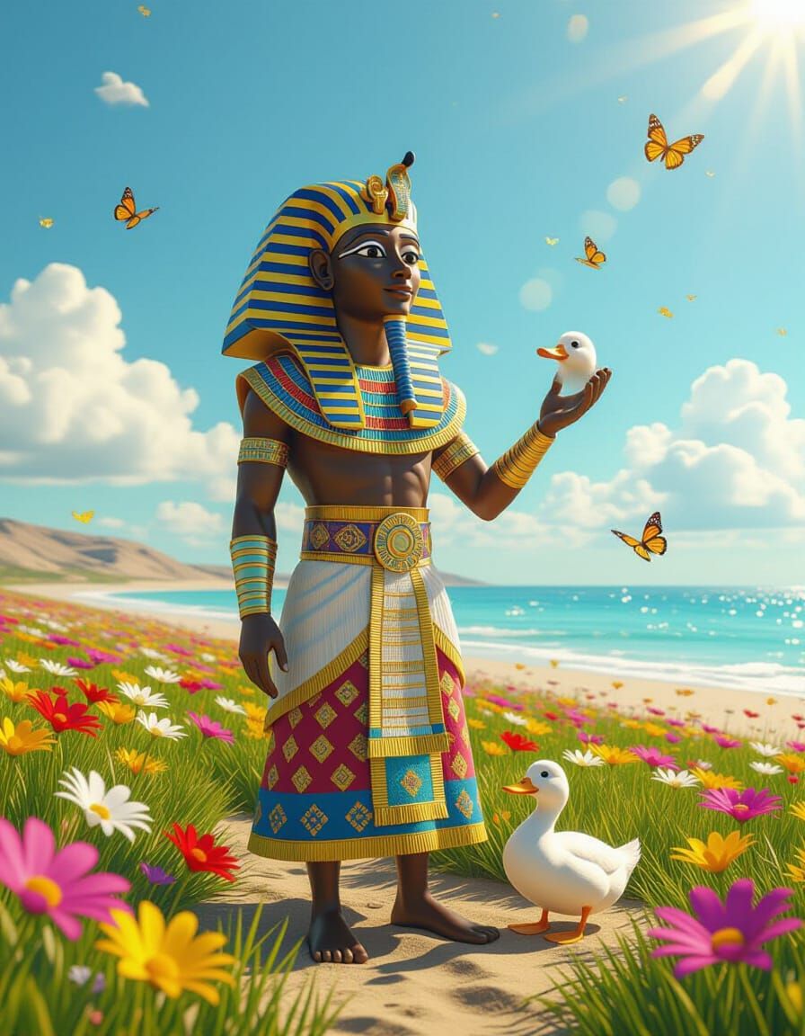 Anthropomorphic Pharaoh in Flower Meadow, 3D Render