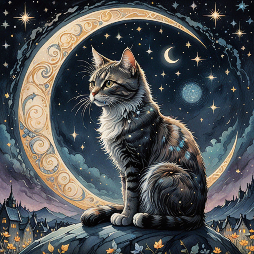 Ethereal Cat Enchantress in the Whimsical Night Sky