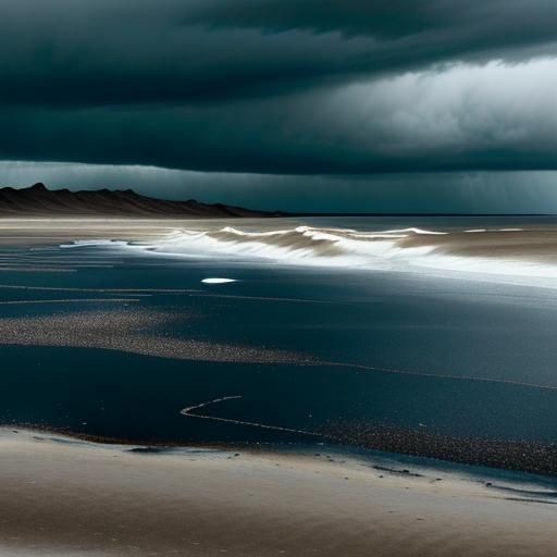 a stark, empty landscape. It could be a vast desert under a stormy sky, a desolate beach after a powerful wave, or a bar...