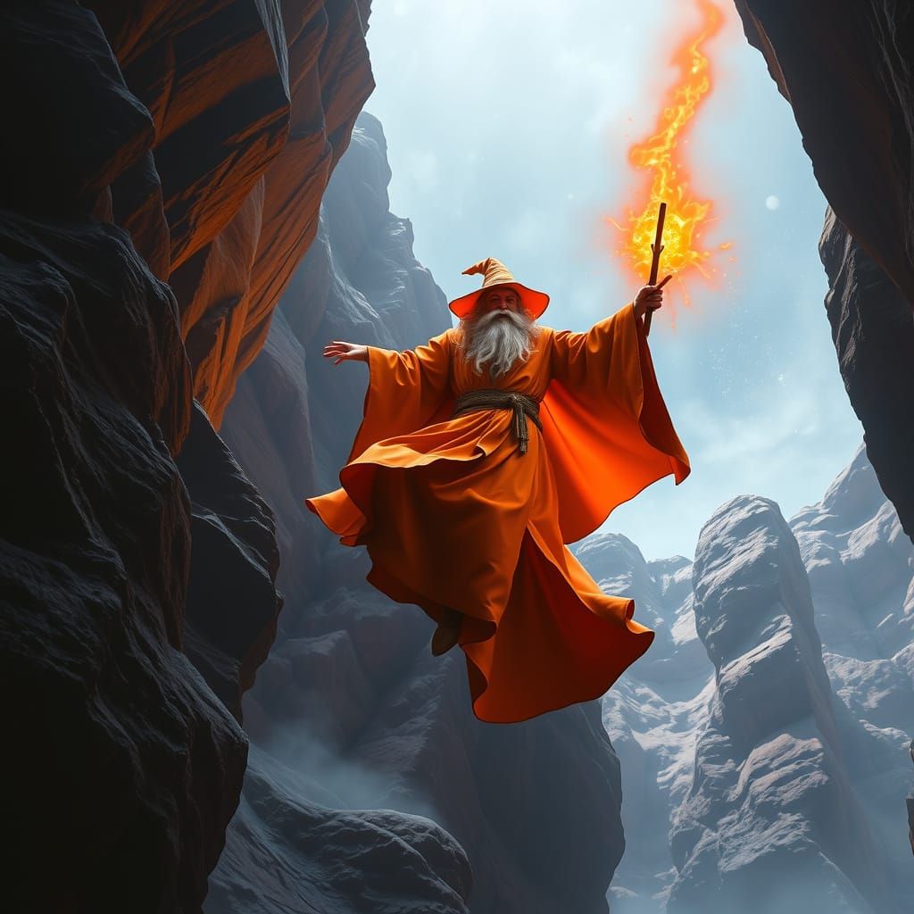 Mystical Wizard Soars Above Canyon of Blazing Orange Energy