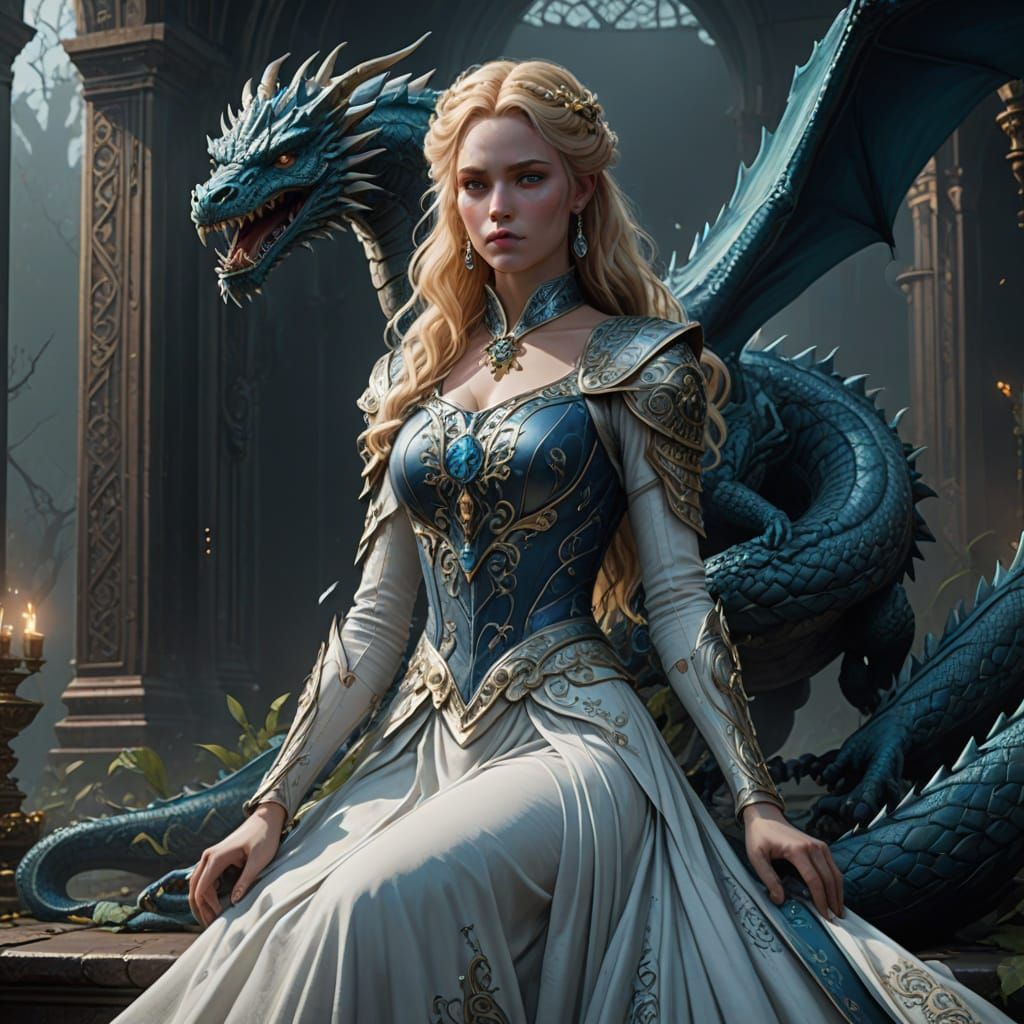 Regal Woman in Gothic White Dress Hugs Dragon Spirit Compani...