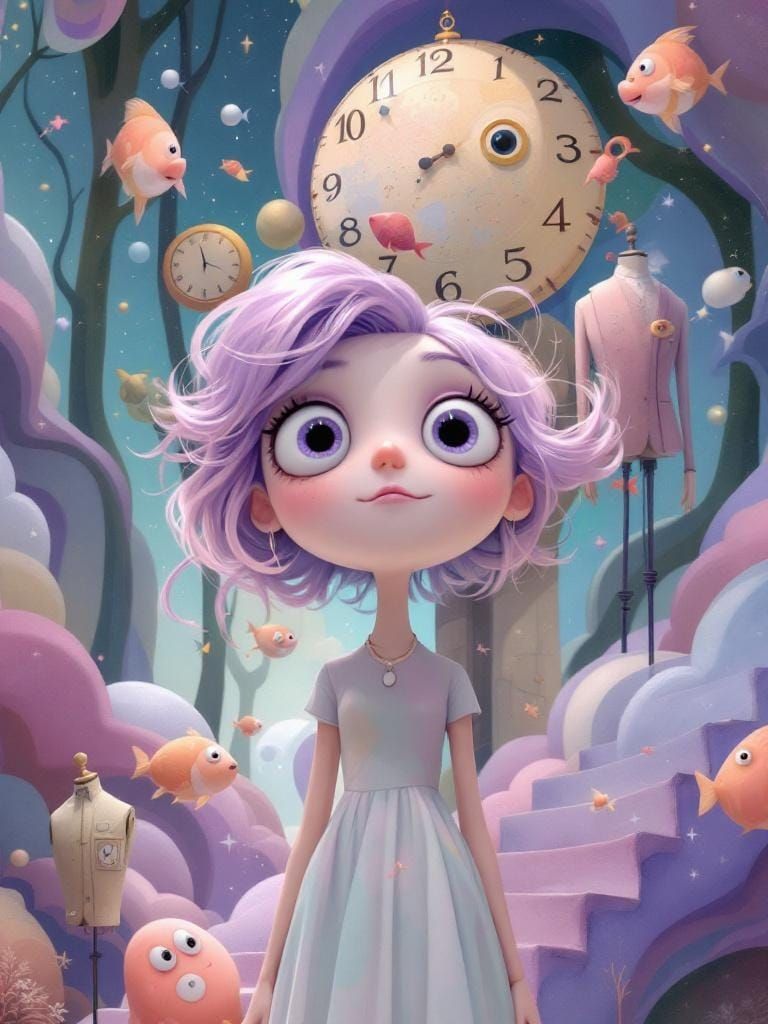 Dadaist Dreamscape with Lavender-Haired Woman