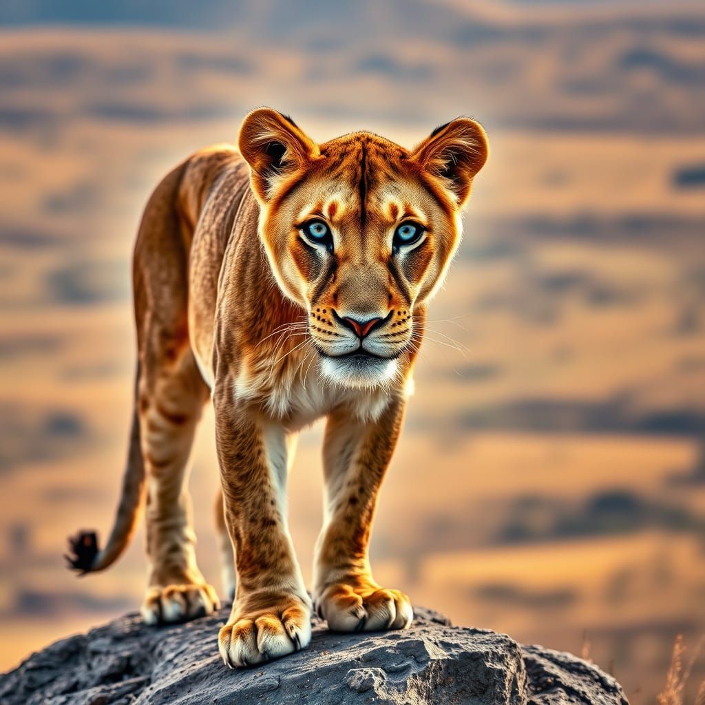 Lioness with Blue Eyes on Savannah Outcrop