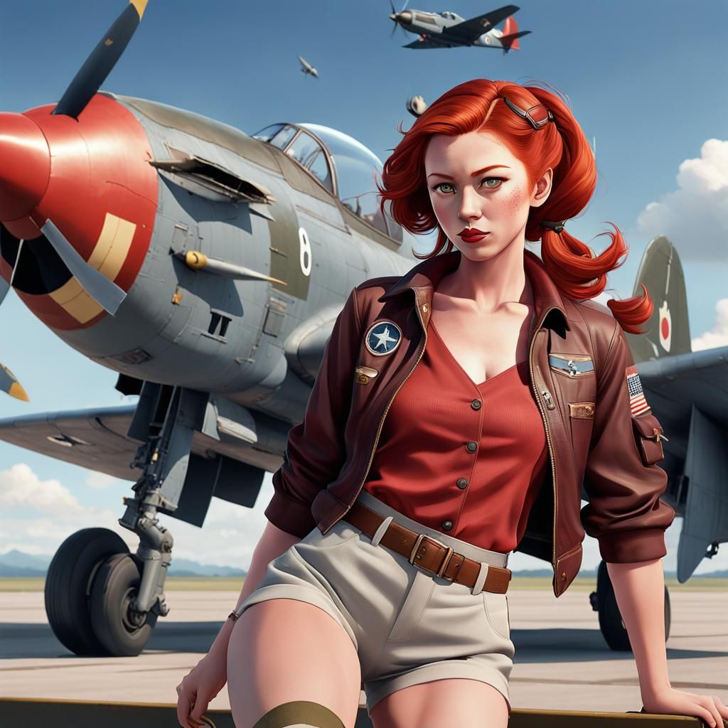 Red-Haired Pin-Up on Airstrip in Anime Style