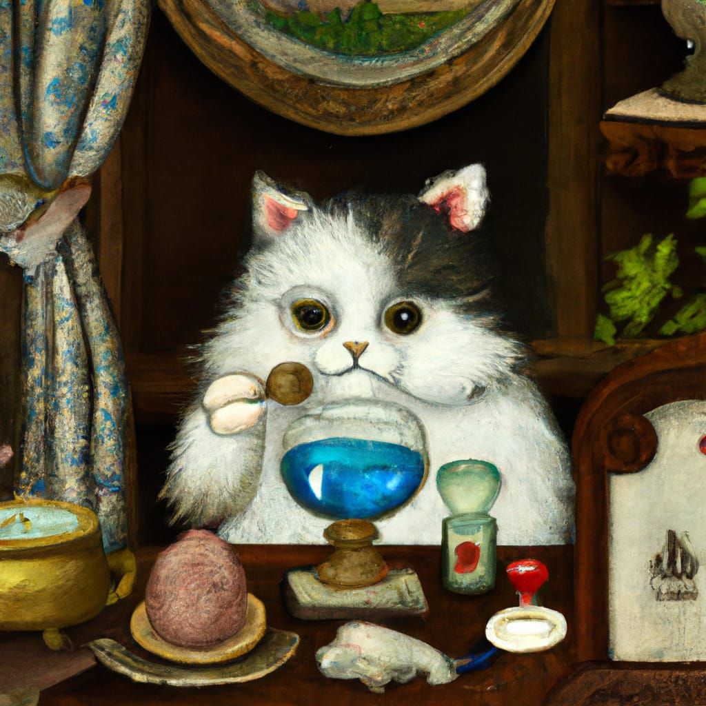 painting of a ragdoll cat with blue eyes and dark features making potions in the vintage apothecary by Beatrix Potter, &...