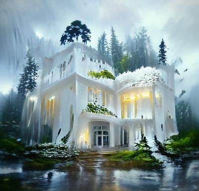 White Palace in Rainy Forest: 3D Rendered Art