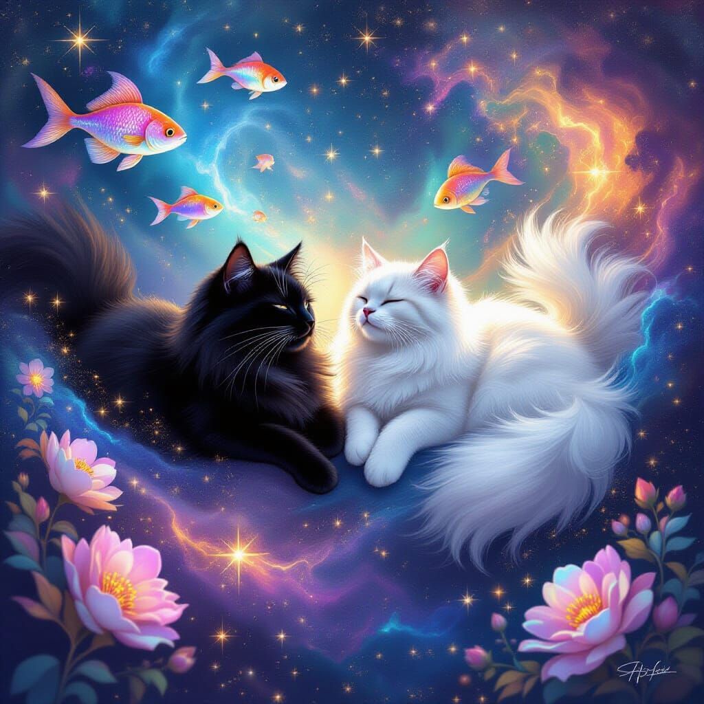 Black and White Cats Floating in Cosmic Galaxy with Fish and...