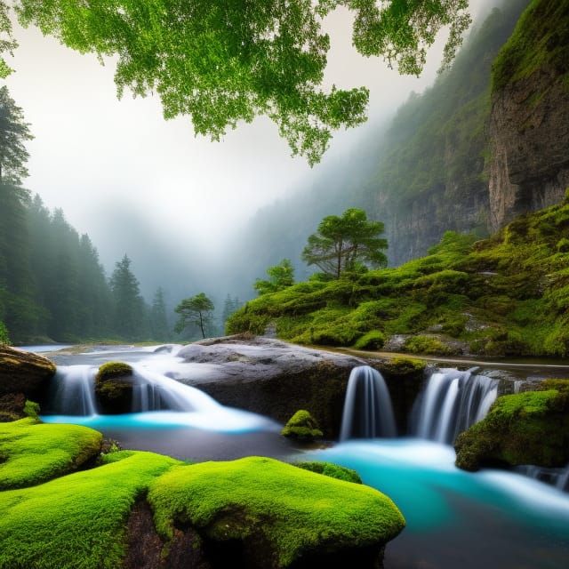 Realistic Landscape with Waterfalls and Mossy Boulders