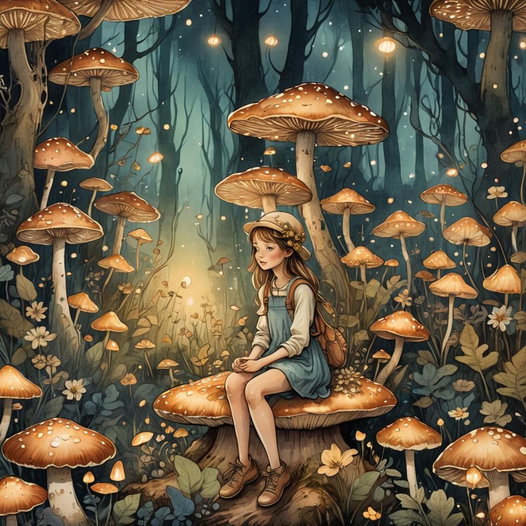 Enchanted Forest: Girl on Mushroom in Whimsical Illustration
