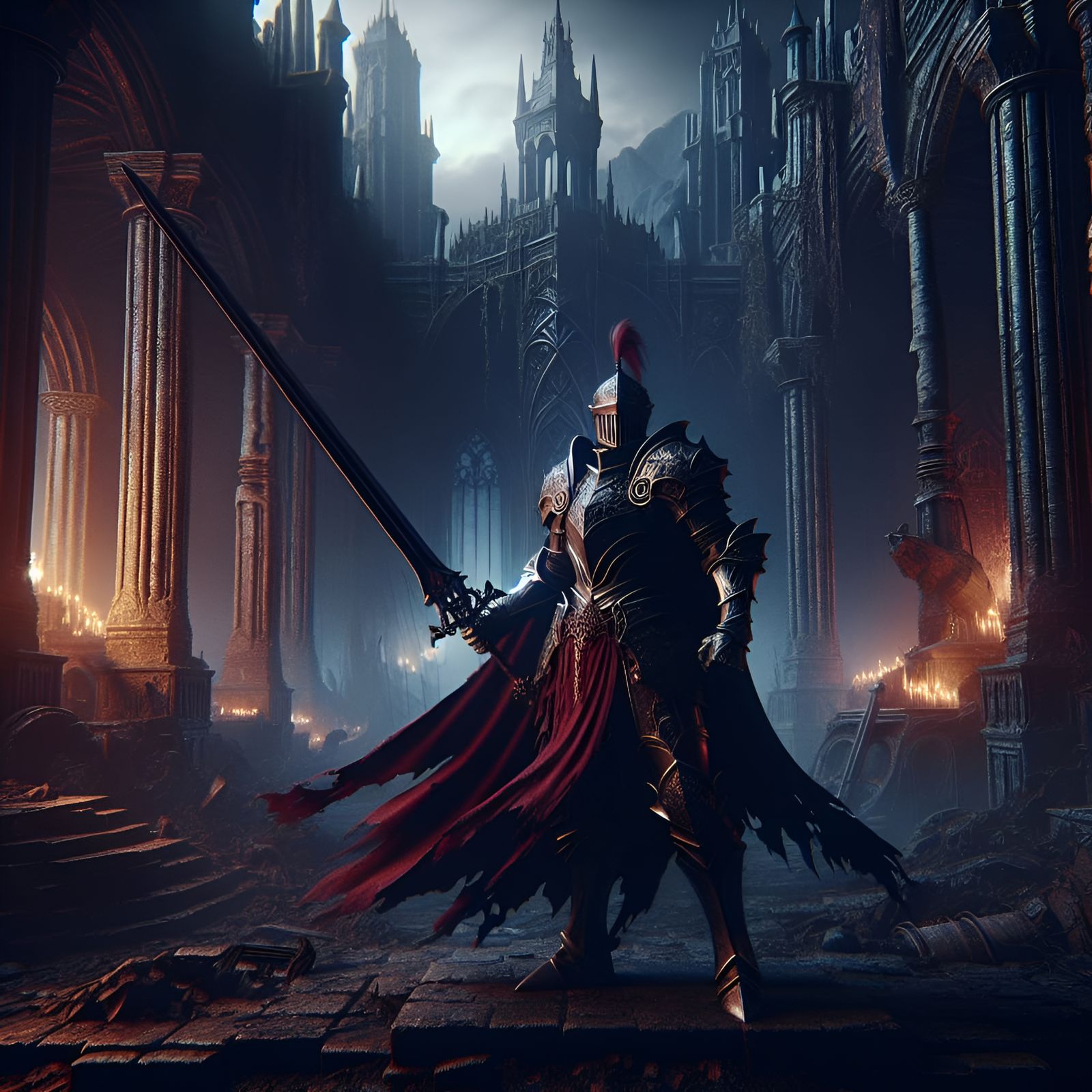 Majestic Knight in Dark Fantasy Castle Ruins