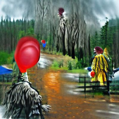 Pennywise in Rainy Forest with Red Balloon
