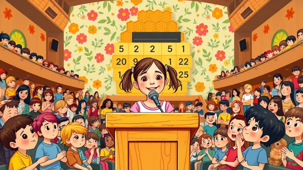 Confident Girl Wins Spelling Bee in Vibrant School Auditoriu...