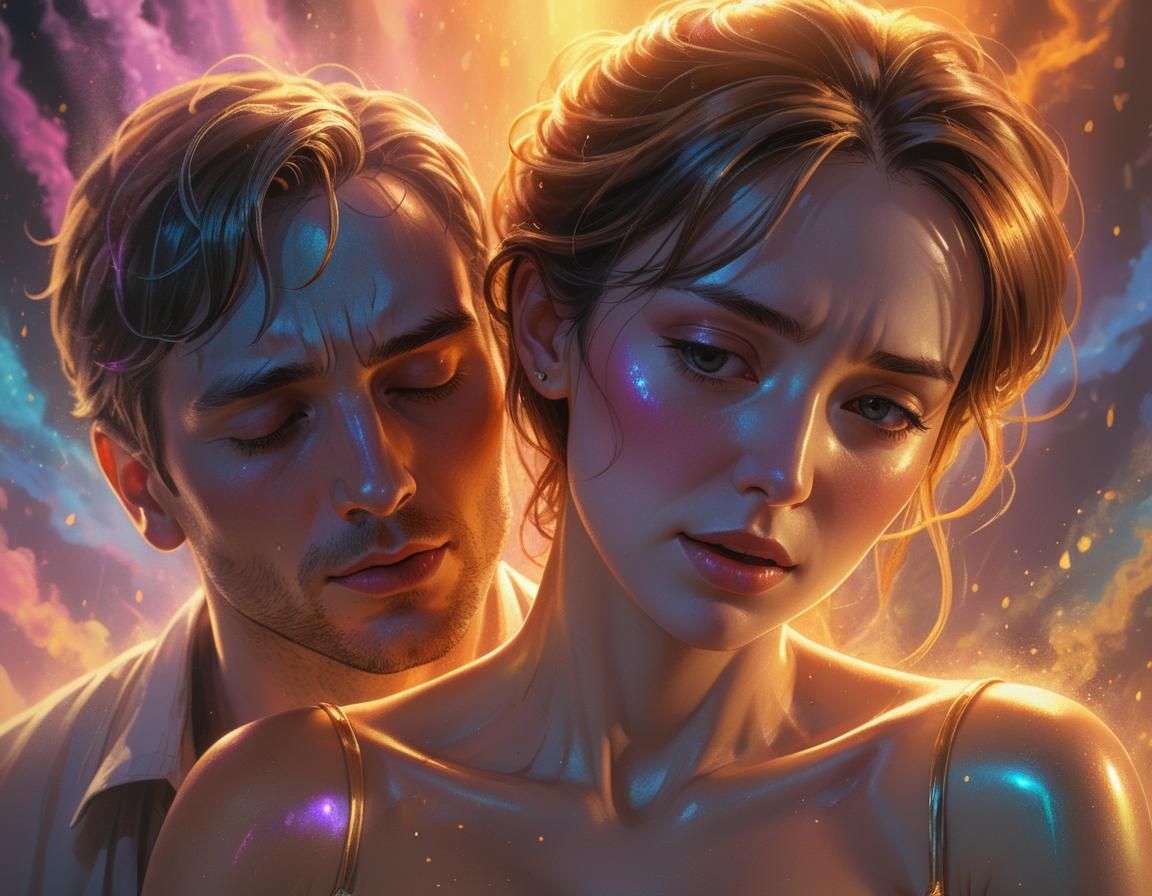 Romantic Kiss in Iridescent Mist: Hyperrealistic Comix Art