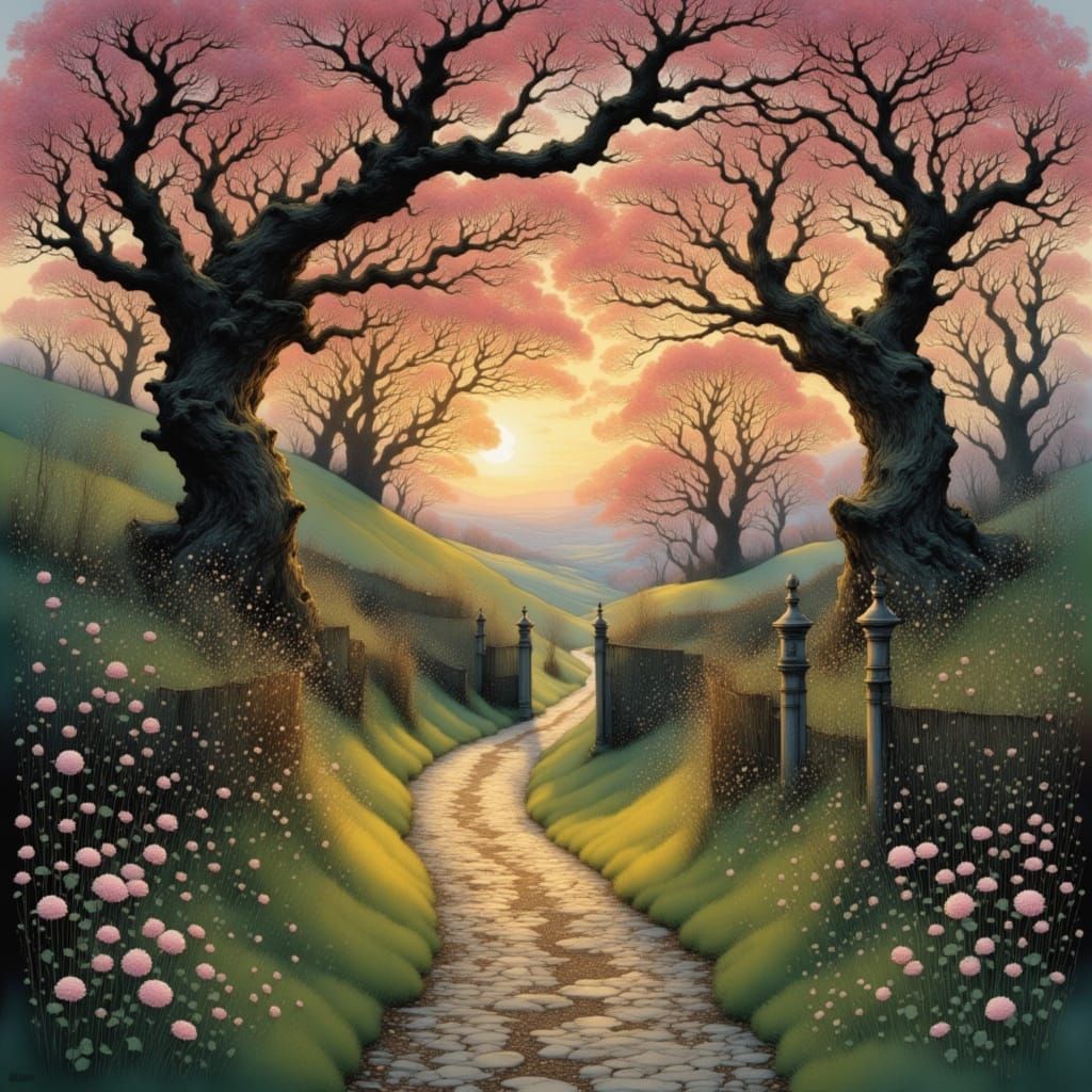 Surreal Cherry Blossom Avenue in a Dreamlike Landscape