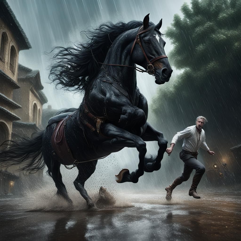 Black Horse Chasing Man in Rain: Fantasy Art
