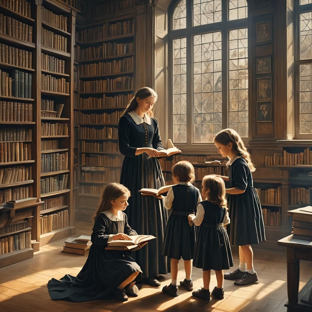 Children Learning in Library, Renaissance Style
