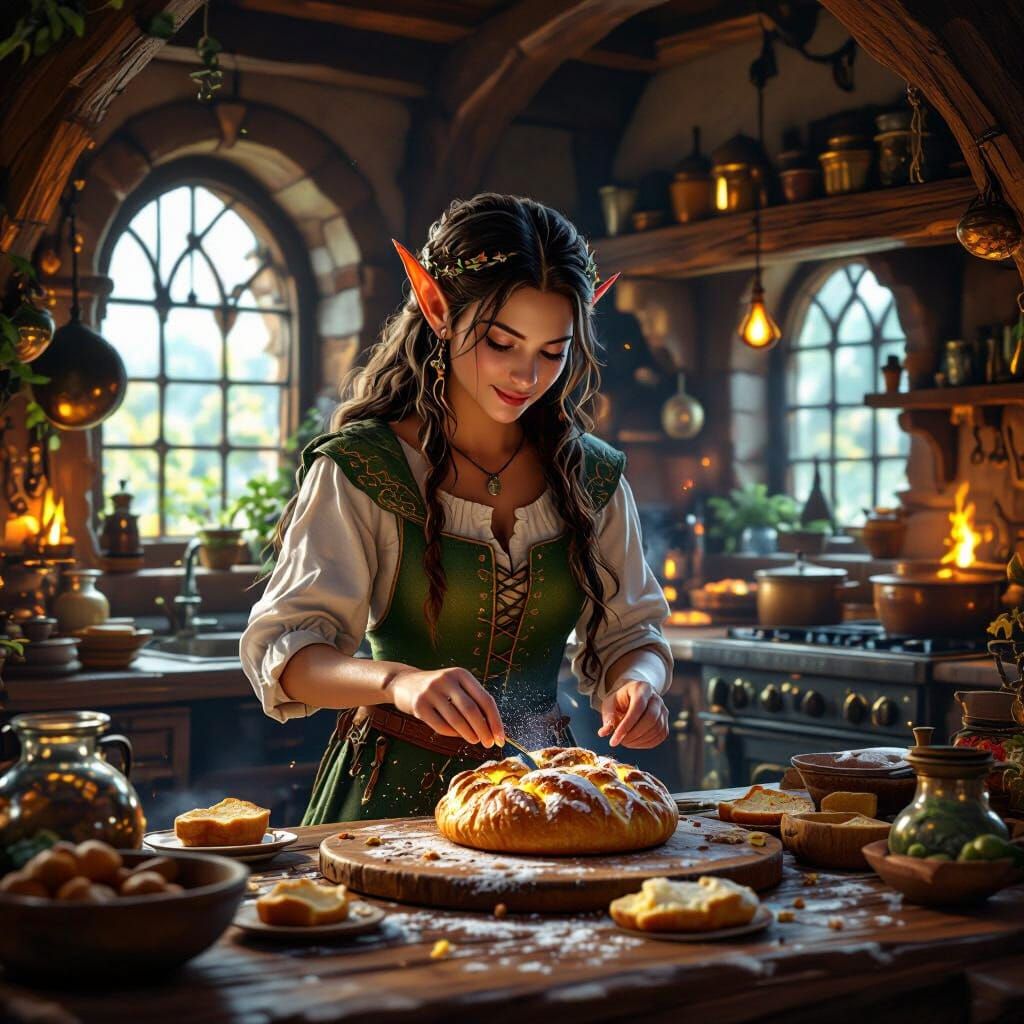 Elven Chef Baking Magical Faerie Bread in Rustic Kitchen