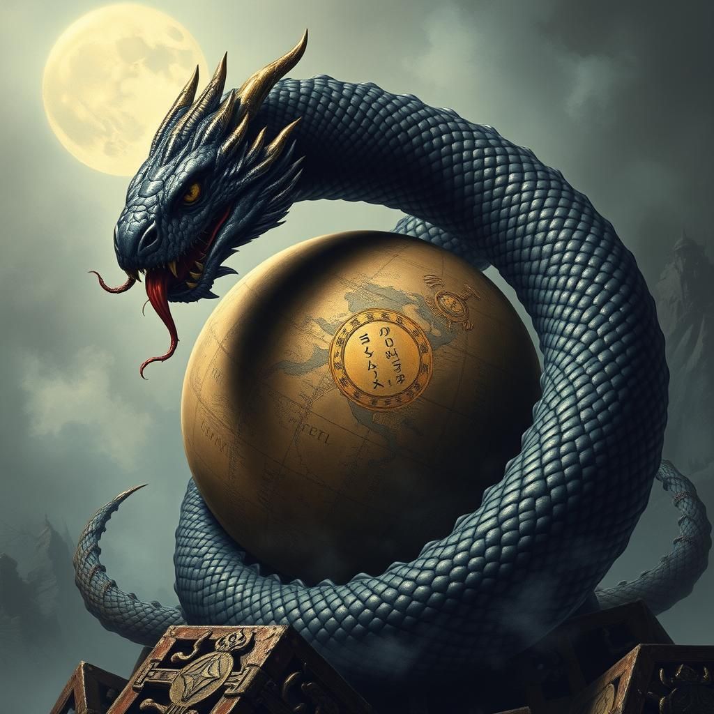 World Serpent Jormungandr Wrapped Around Ancient Globe
