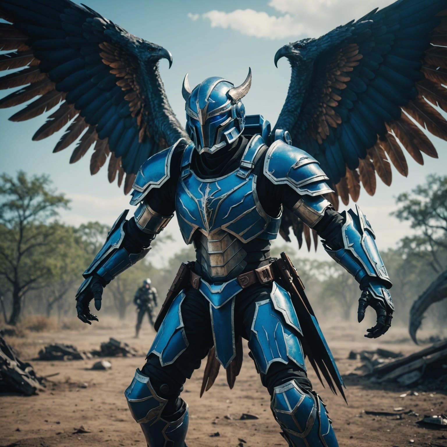 Armored Blue Panther with Wings in Cinematic Style
