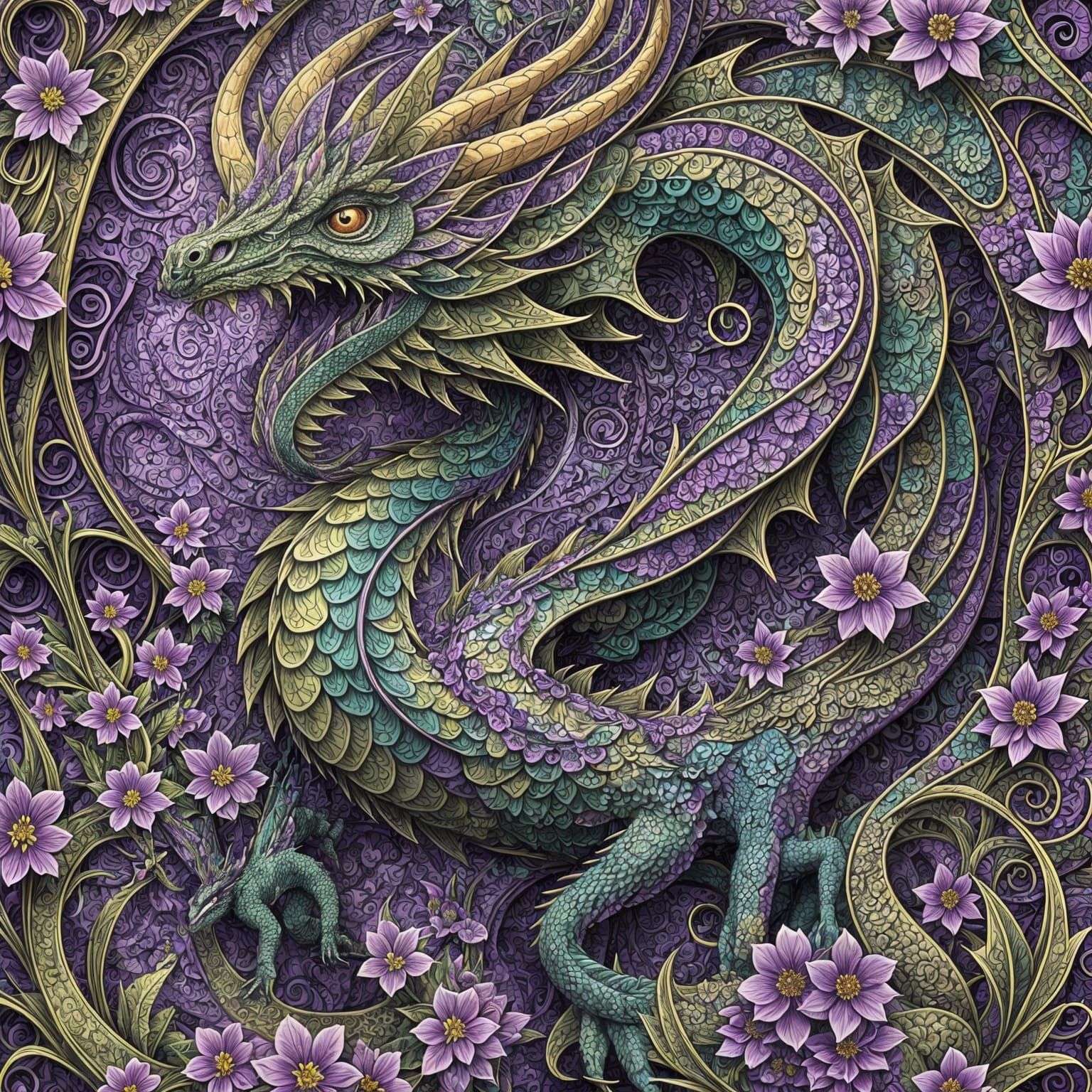 Purple Dragon in Vibrant Floral Wonderland