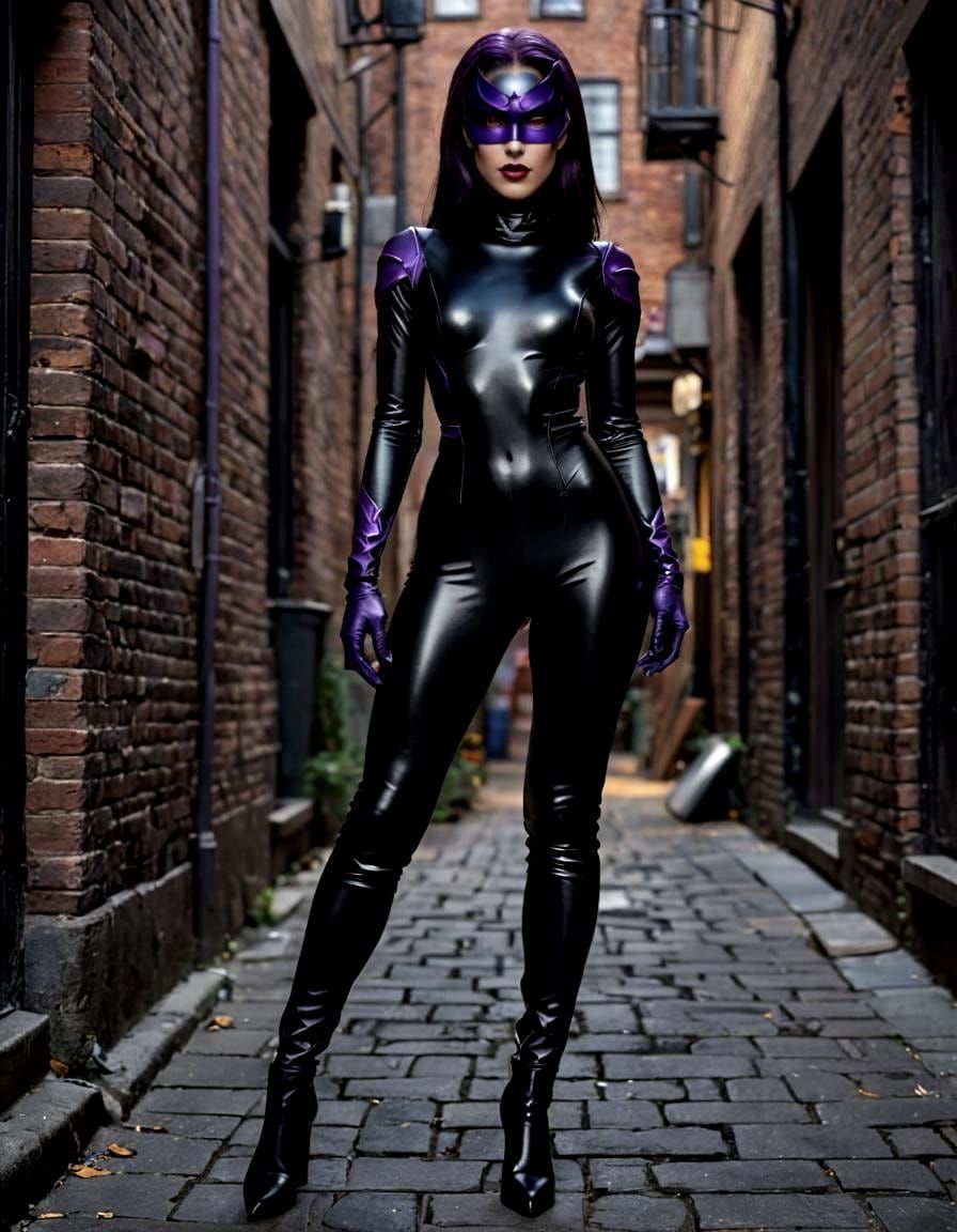 Hyperrealistic Female Villain in Dark Alley, Comic Art