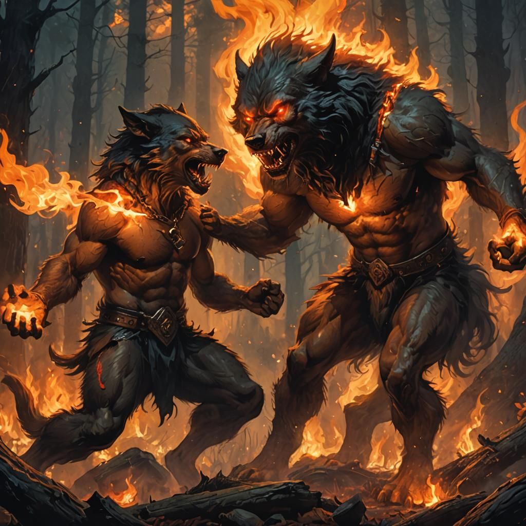 Werewolves Trading Fire in Moonlit Forest