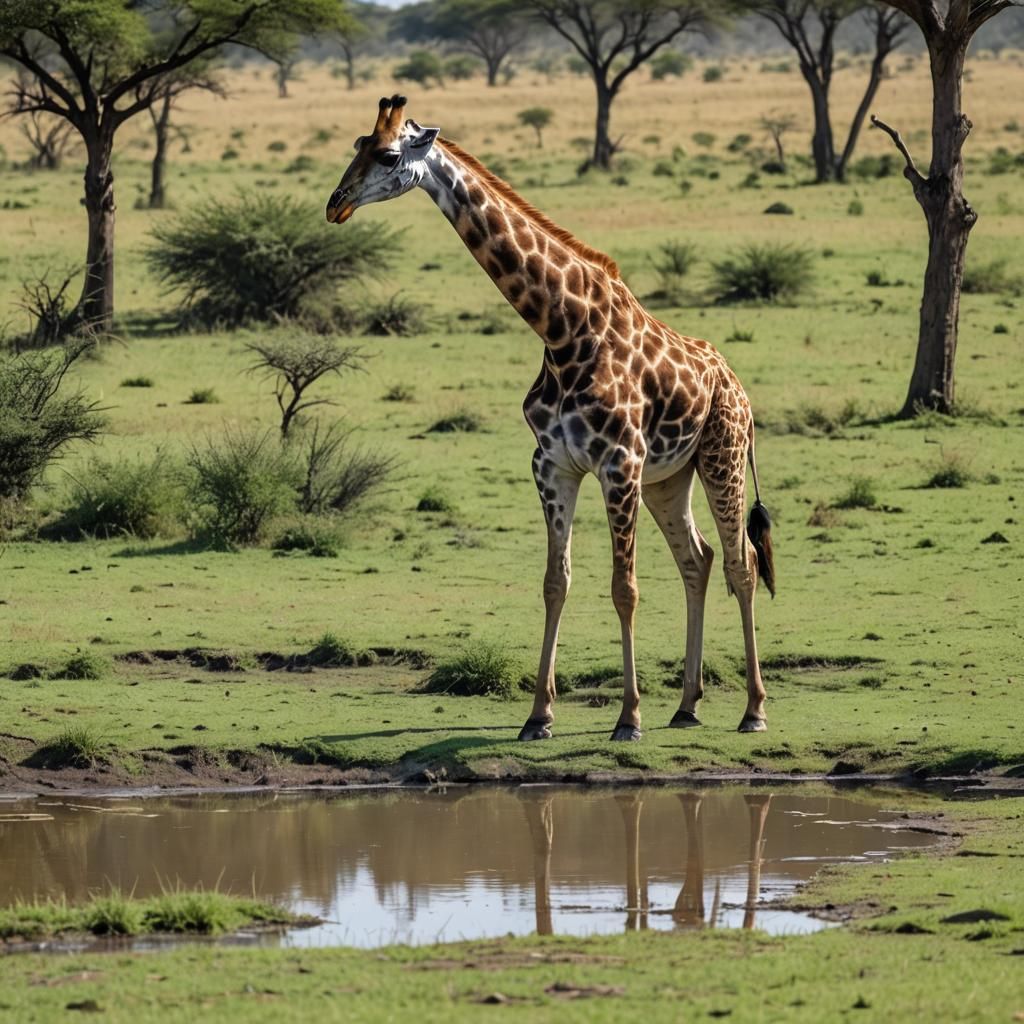 Giraffe Drinking in African Savanna Plains