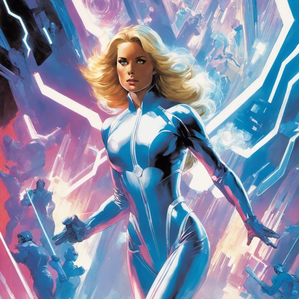 Invisible Woman with Aurora Effect in 80s Comic Style