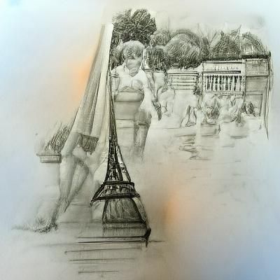 Parisian Summer Street Scene in Pencil Sketch