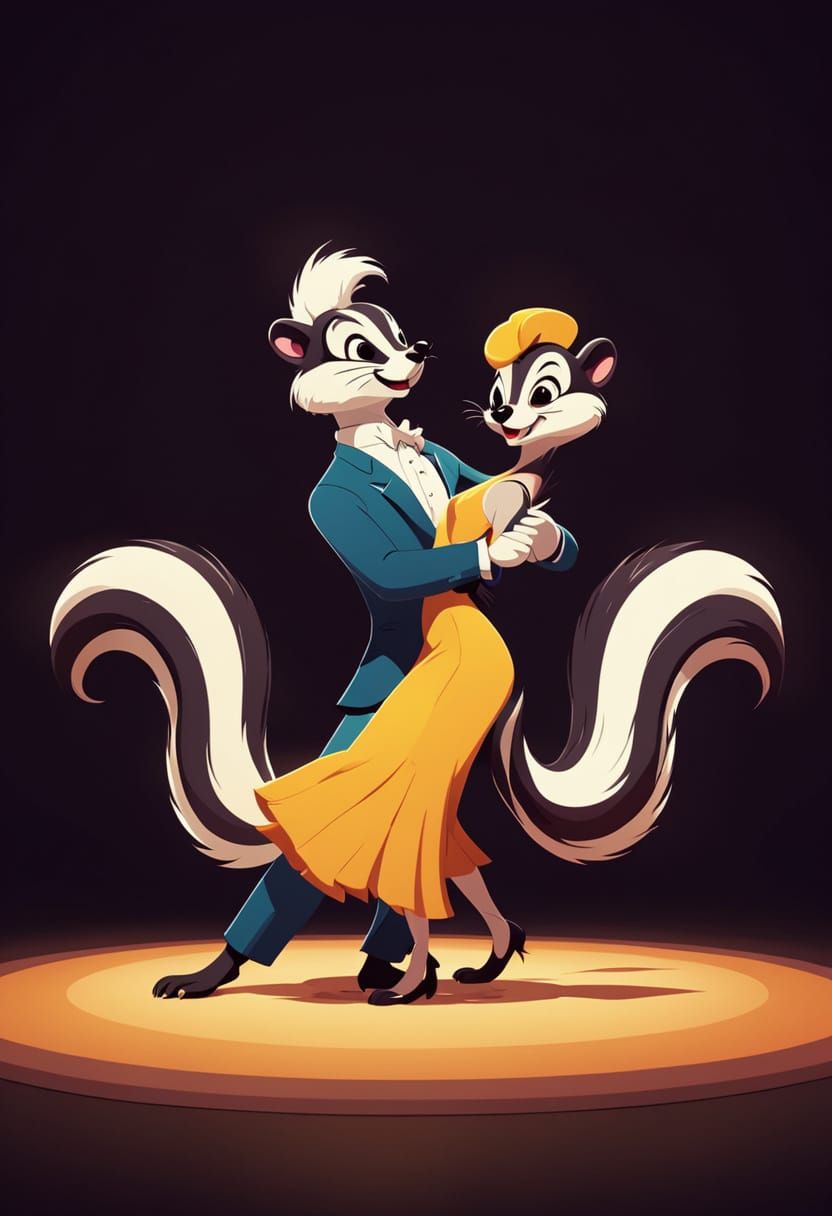 Whimsical Skunk Couple Dancing in a Looney Tunes Cartoon Sty...