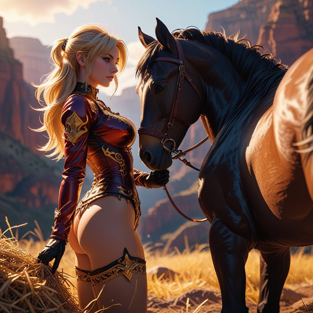 Anime Cowgirl Feeds Stallion at Sunset