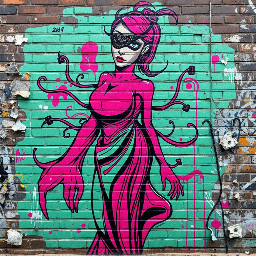 Graffiti Mural of Surreal Figure in Vibrant Colors