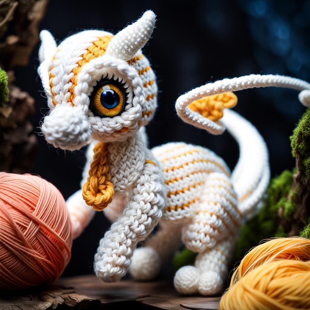 crochet dragon playing with a yarn
