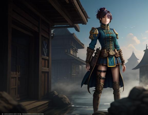 Steampunk Anime Woman in Kazakhstan Village