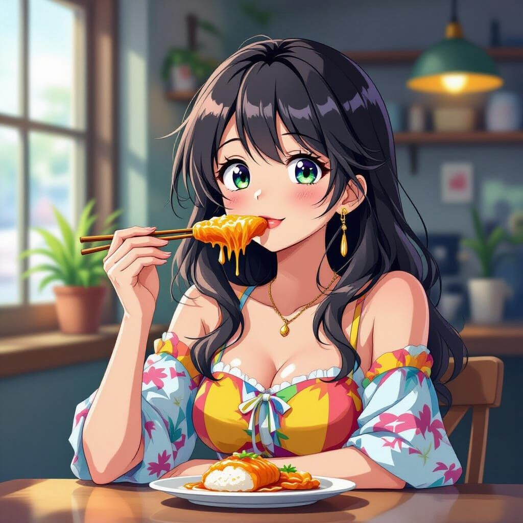 Anime Woman Savoring Food in Manga Style