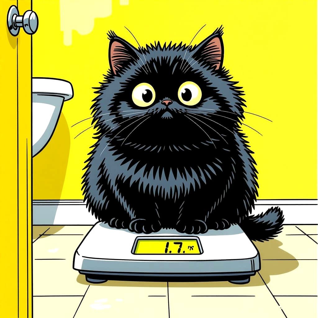 Terrified Chubby Cat on Scale in Comic Style