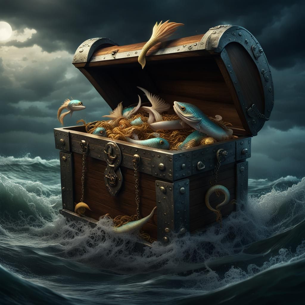 Treasure Chest Mimic Devouring Fish in Stormy Sea