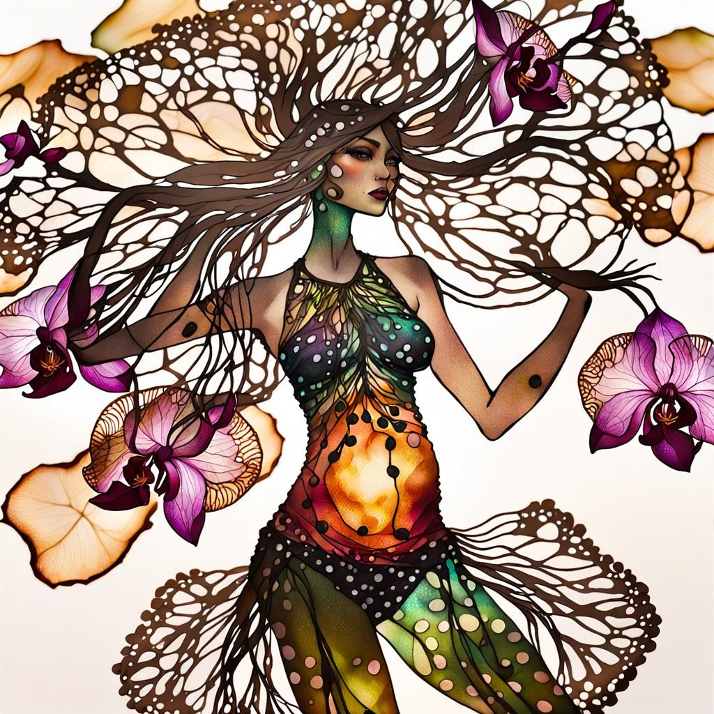 Ethereal Elf Dryad Dancing in Steampunk Botanical Garden