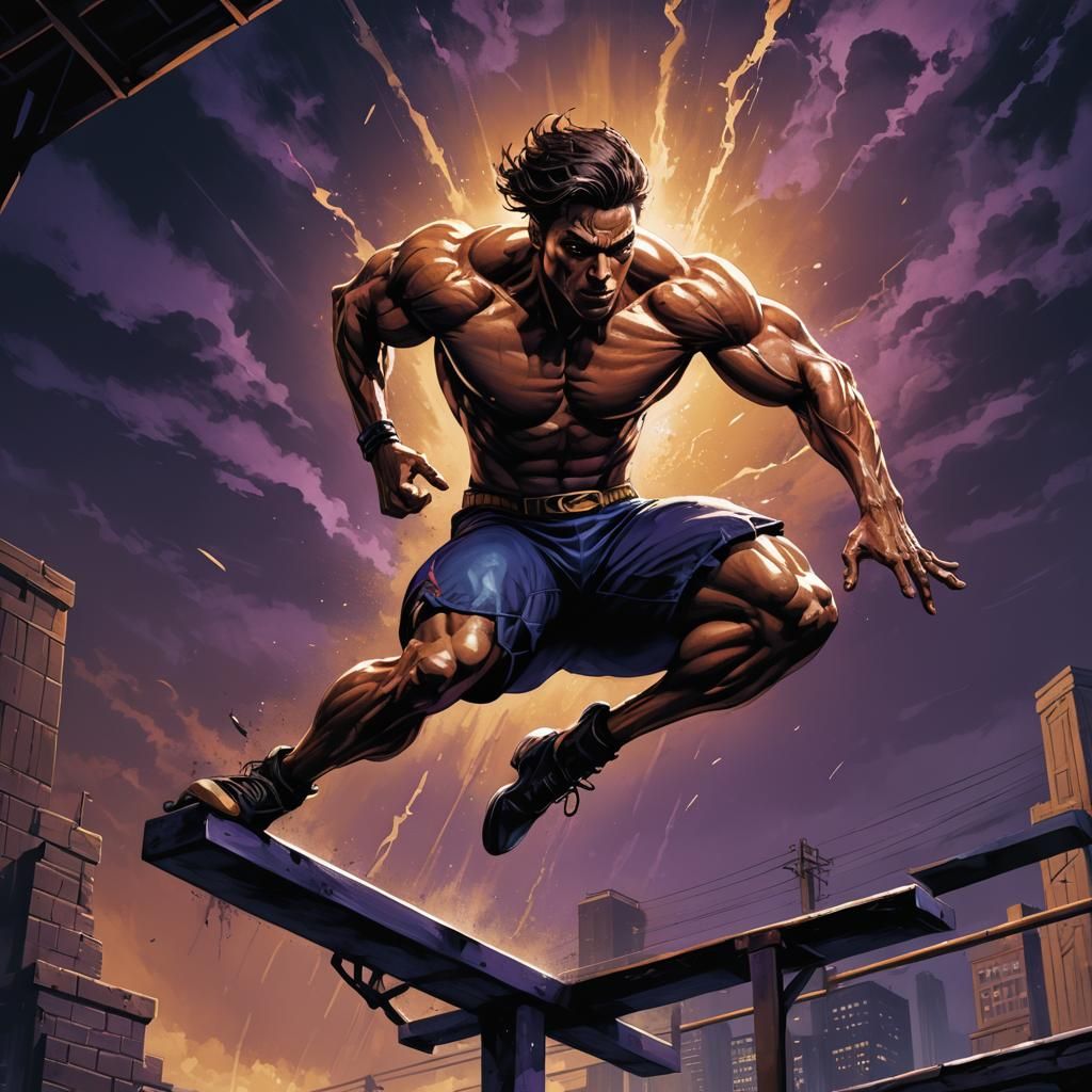 Dynamic Dark Fantasy Athlete Mid-Air Jump