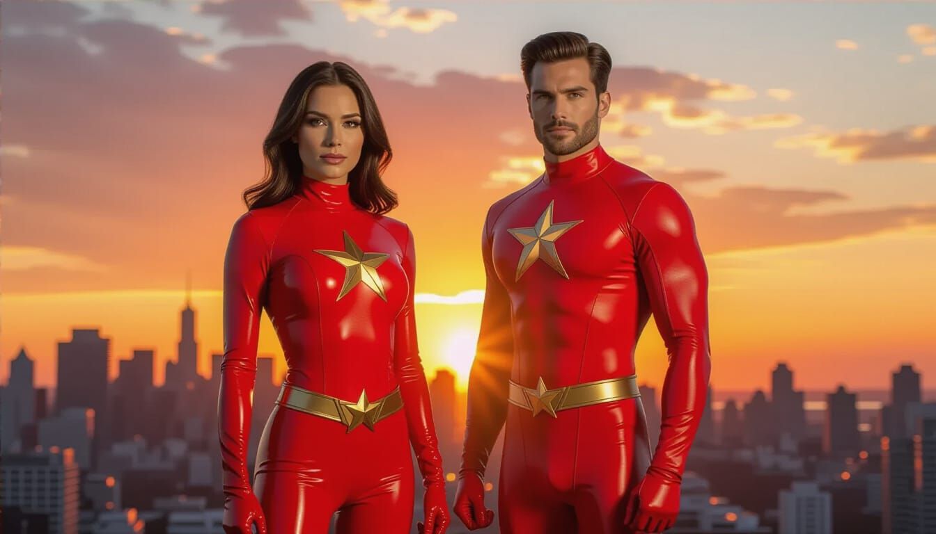 Superheroes in Red Latex Suits at Urban Sunset
