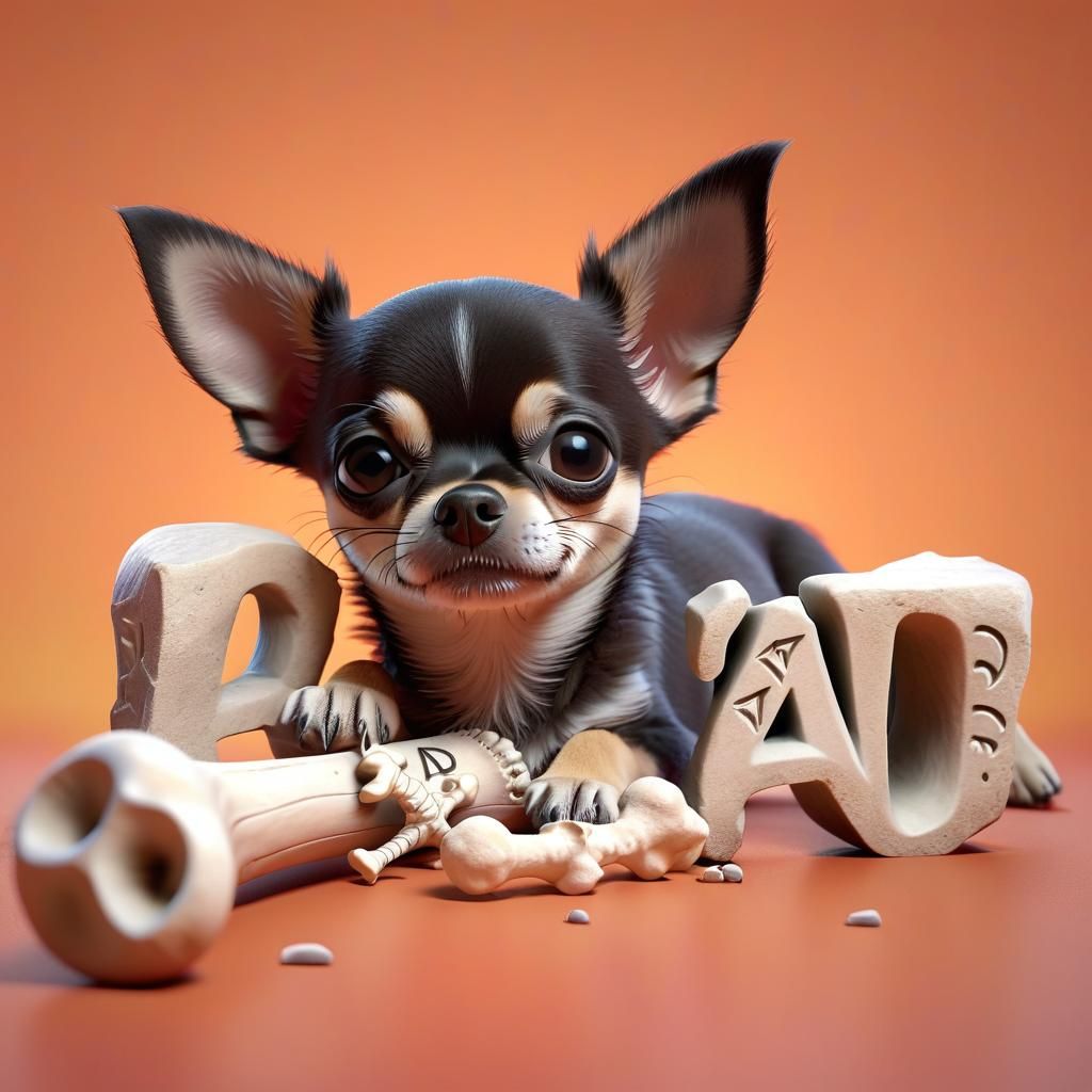 Adorable Chihuahua Puppy with Bone, 3D Digital Art