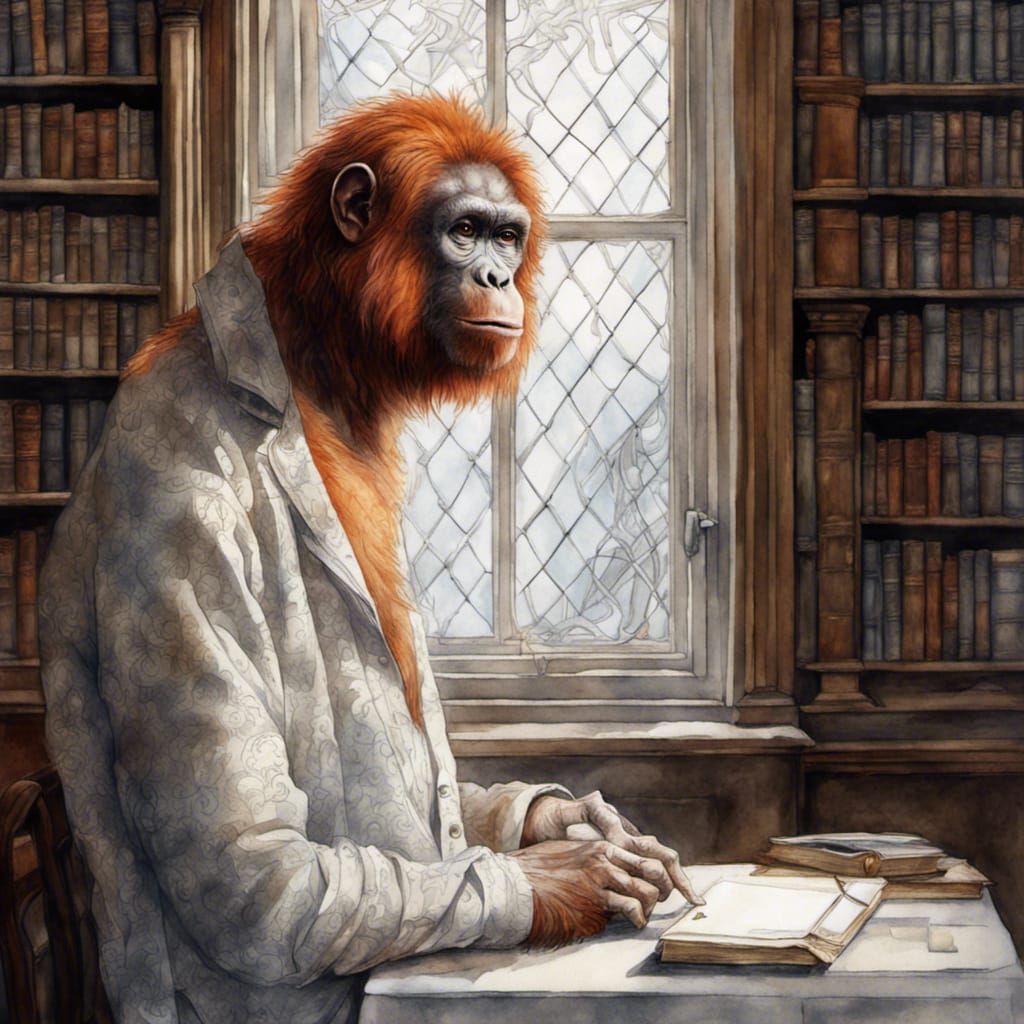 Orangutan in Victorian Library Watercolor