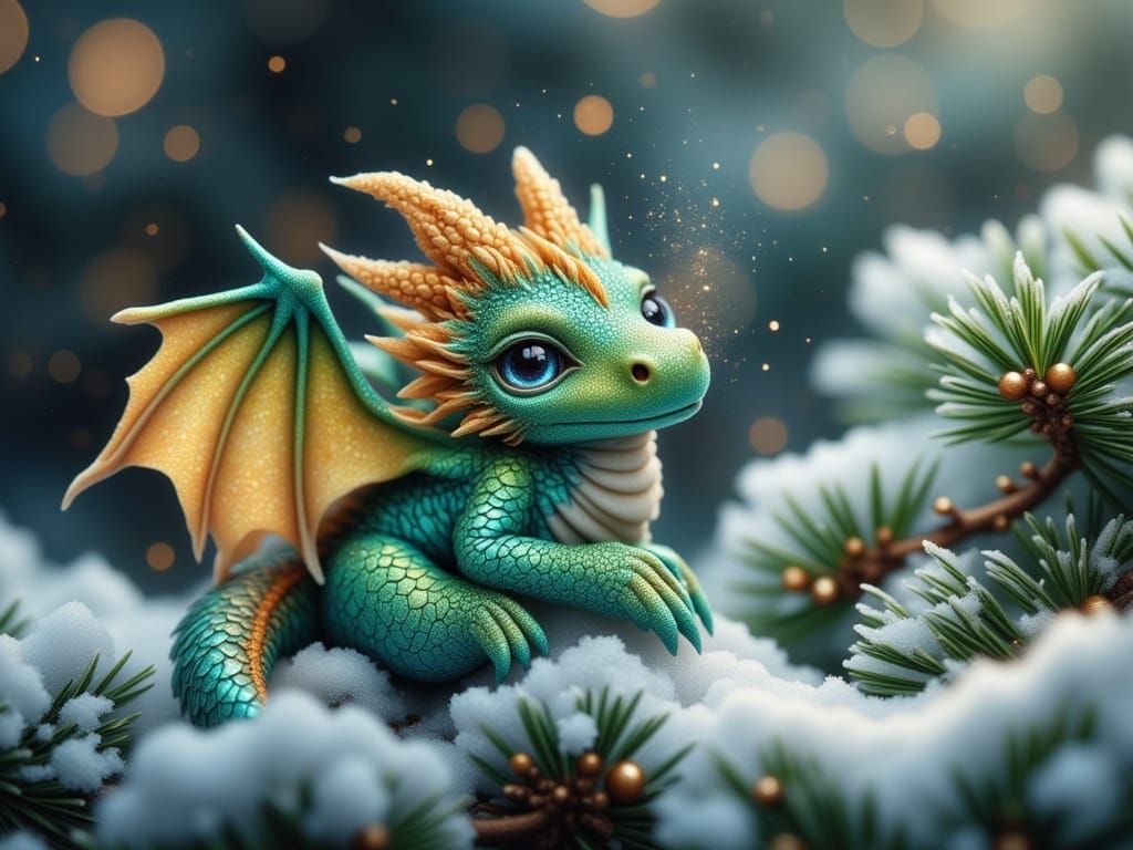 Magical Baby Dragon on Snowy Pine Bough