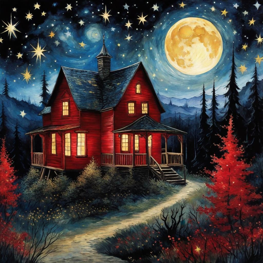 Gothic Forest Cabin Under Starry Night Sky