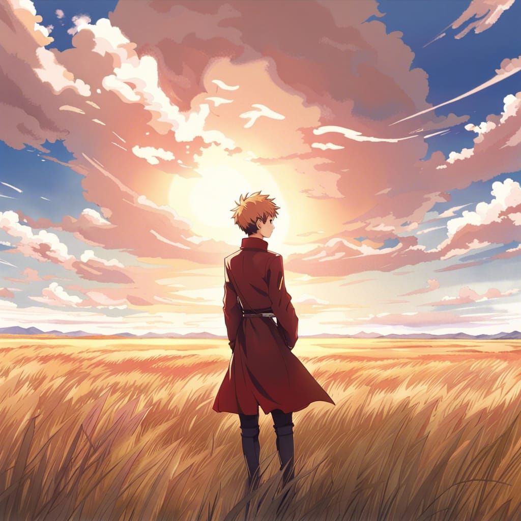 Anime-Style Youth Gazing Over Sunny Plains Landscape