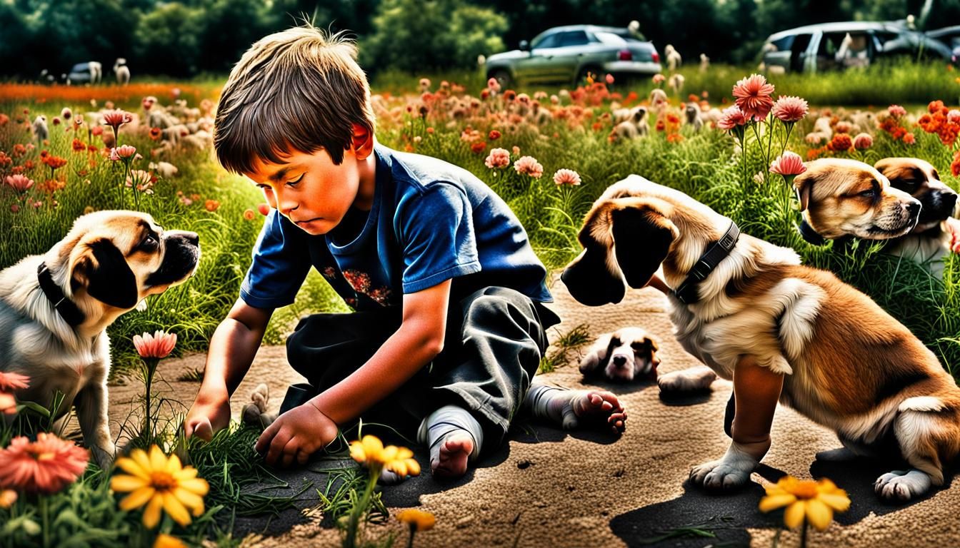 Boy Playing with Puppies in Flower Field