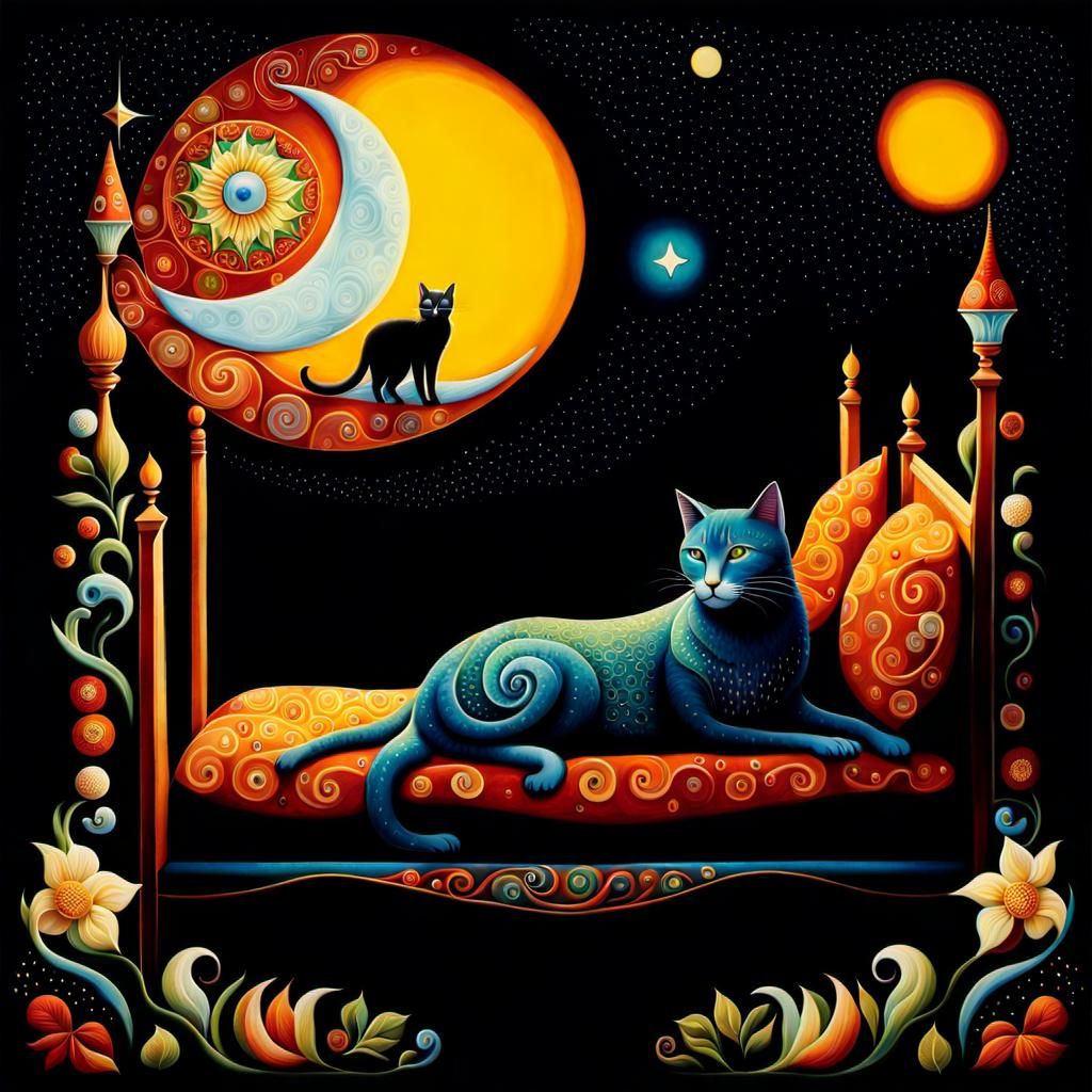 Woman and Cat in Sun and Moon Bed: Surrealist Art