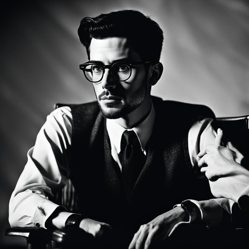 Classic Hollywood Director Portrait in Film Noir Style